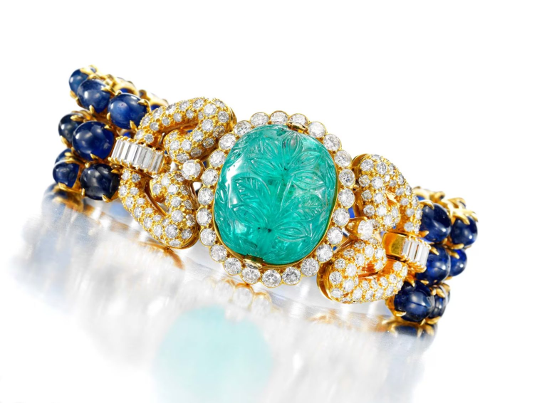 Van Cleef & Arpels Carved Emerald, Sapphire and Diamond Bracelet, circa 1975 © FD_