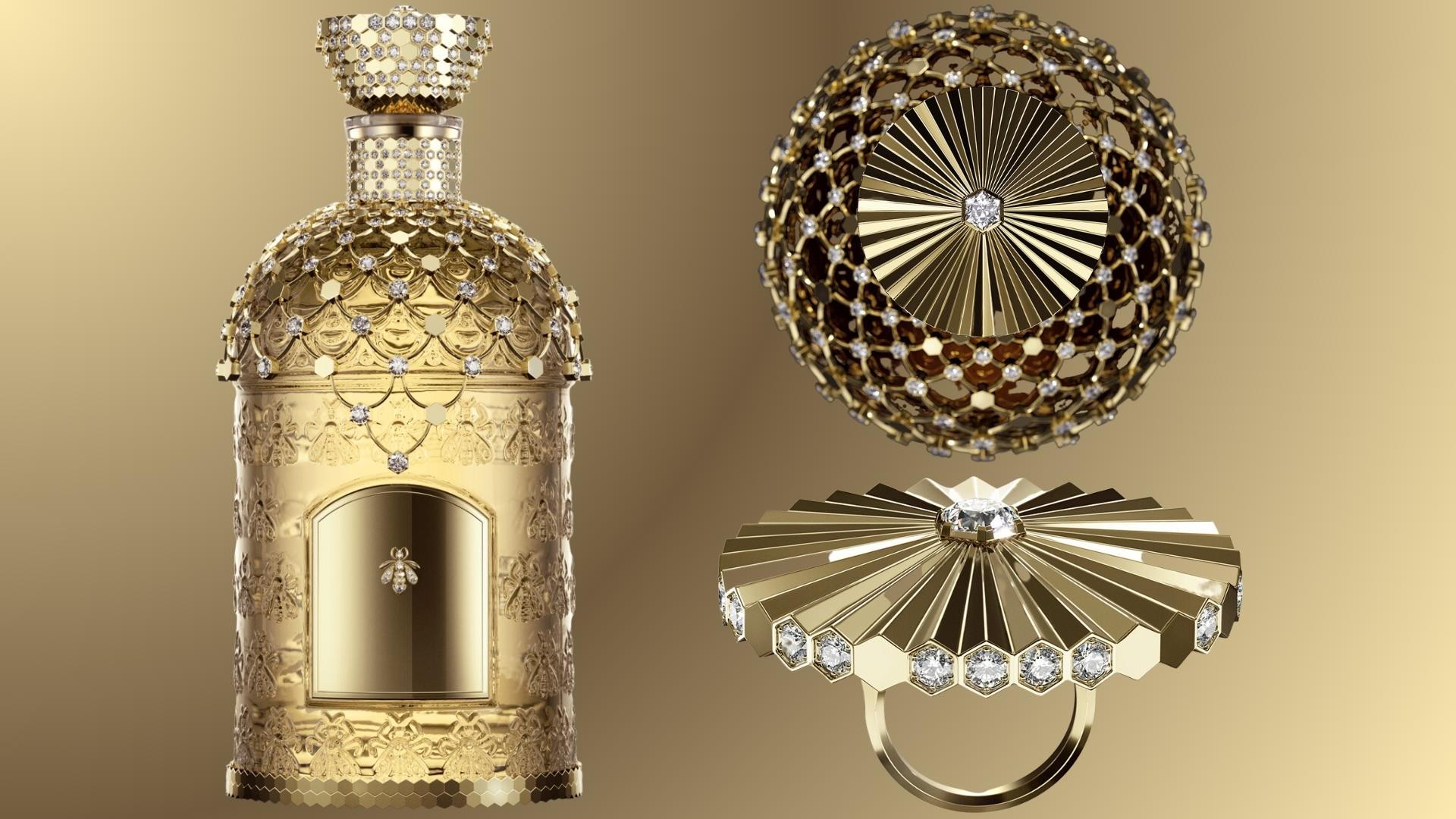 Bouquet de la Cour fragrance bottle, Luxe Gulf Magazine, Bee Bottle, Perfume, diamond